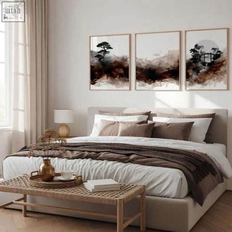 Set of three watercolour paintings japanese landscape prints with minimalist wooden frames featuring earthy tones