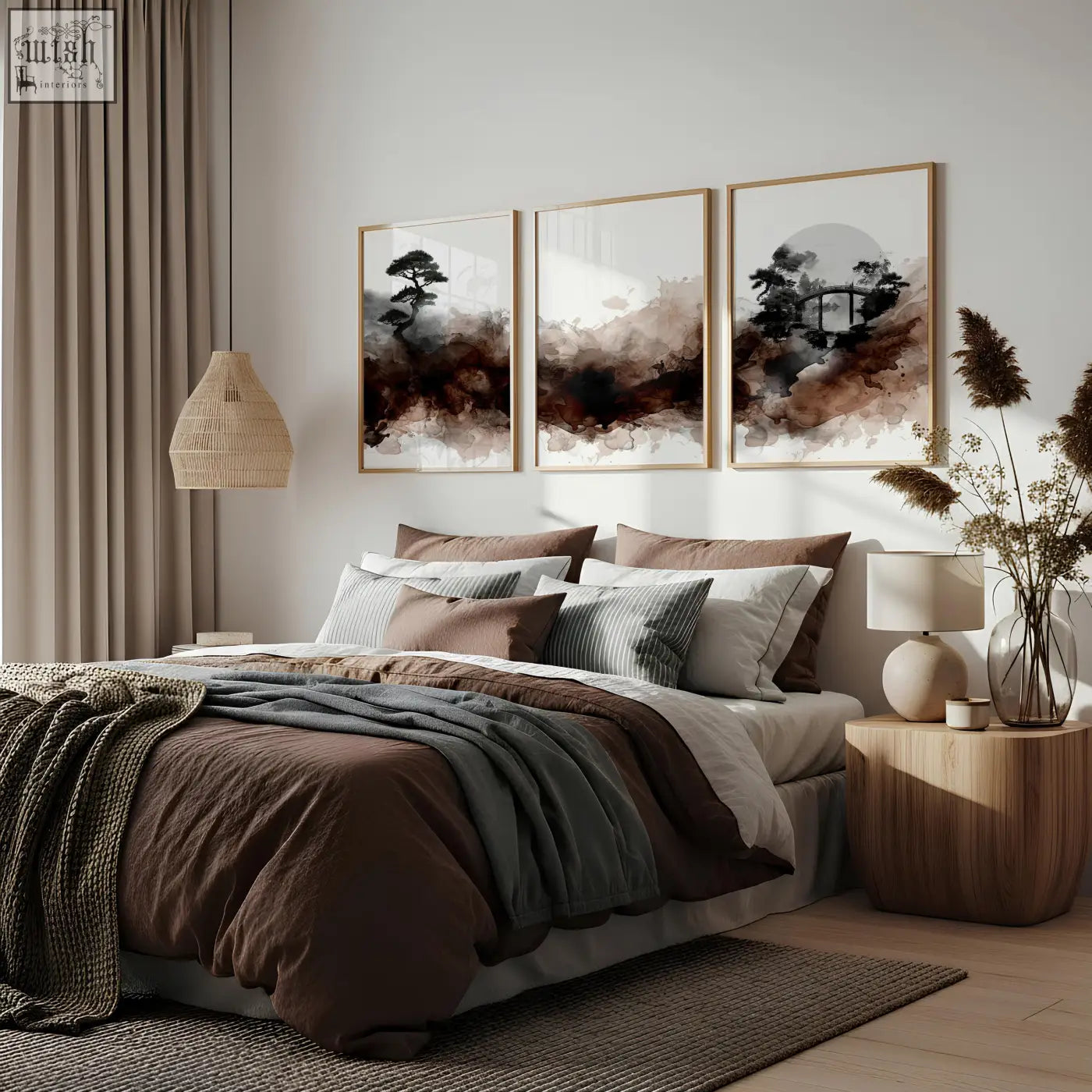 Three framed watercolour paintings featuring japanese landscape bonsai trees in earthy tones hanging above a bed