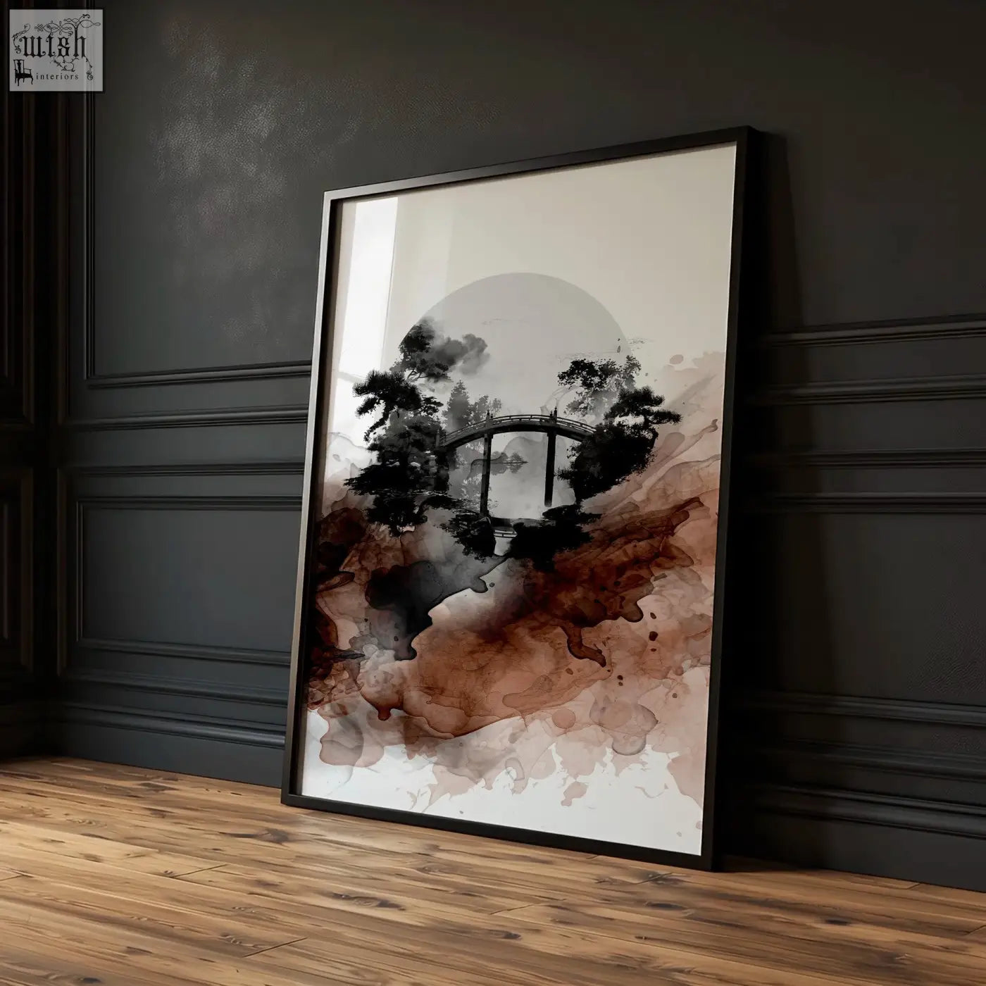 A framed watercolour painting of a japanese landscape with an arched bridge and trees in a sleek black frame from three prints
