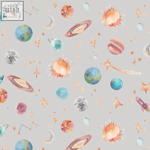 Watercolour planet wallpaper with soft grey background featuring planets stars moons and rockets for kids bedroom