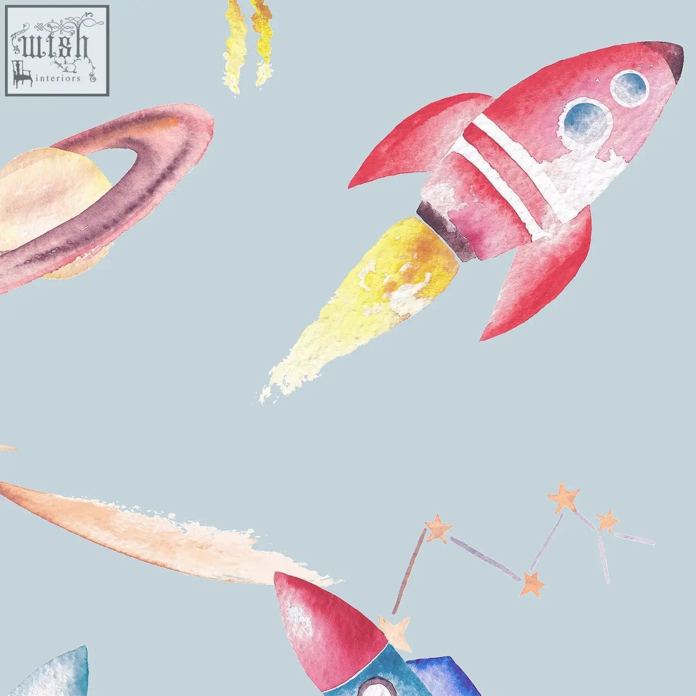 A red hand-painted space wallpaper rocket with white stripes blue windows and yellow flame for kids rooms