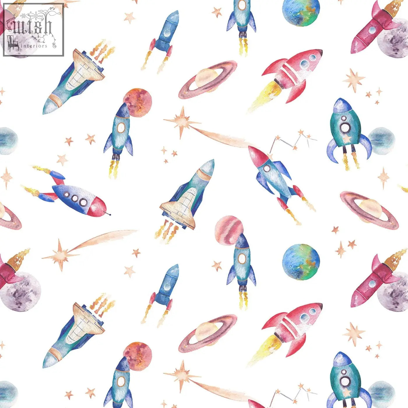 Watercolour space wallpaper featuring colorful hand-painted rockets planets and stars in a playful pattern