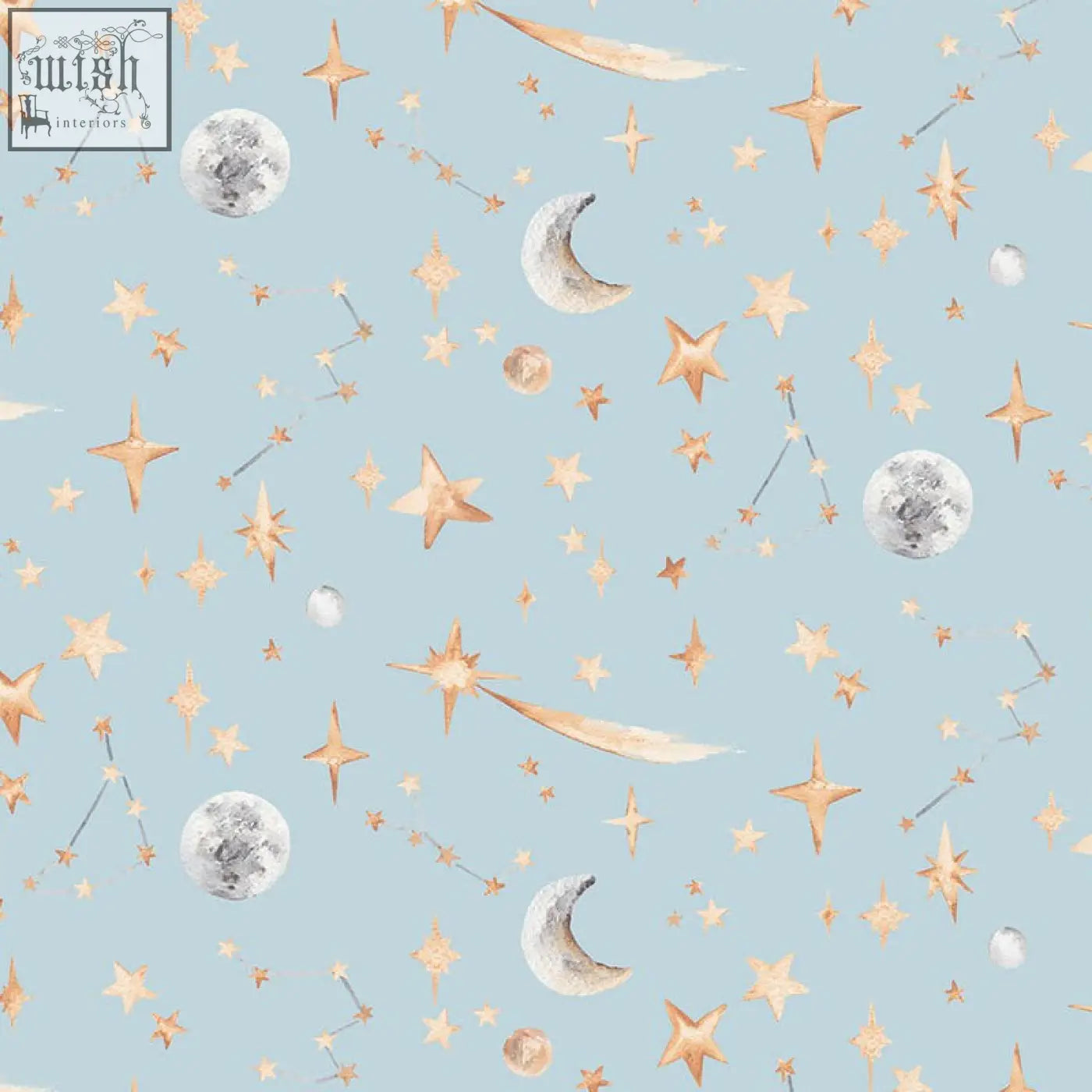 Delicate watercolour constellation wallpaper with glowing stars moons and silver spheres on a soft blue night sky background