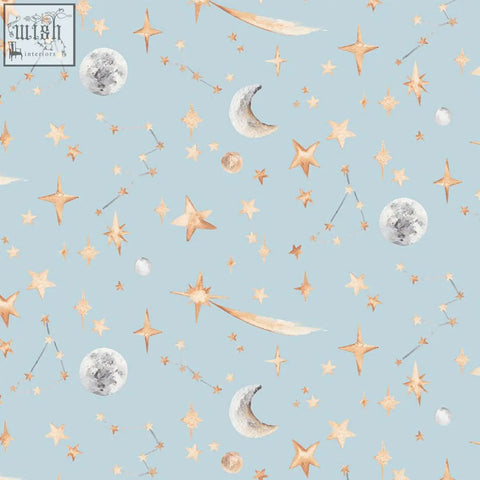 Delicate watercolour constellation wallpaper with glowing stars moons and silver spheres on a soft blue night sky background