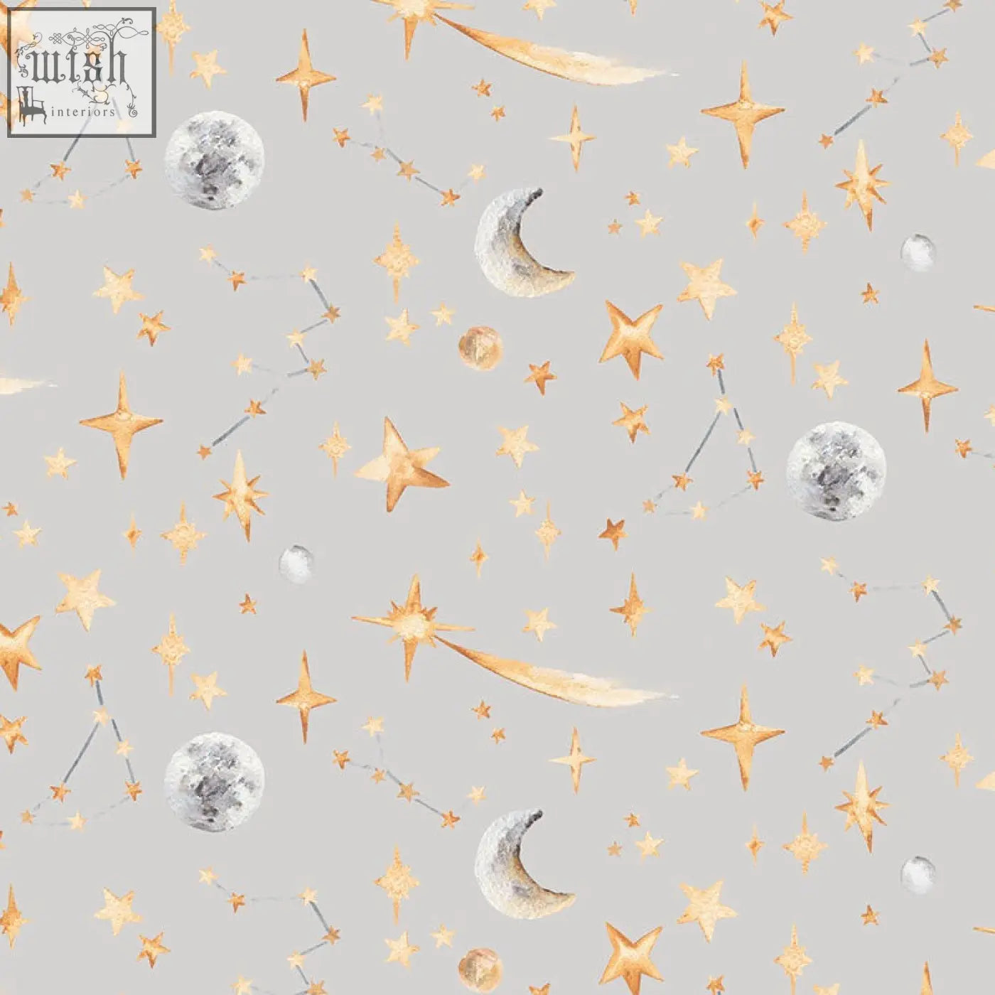 Delicate watercolor constellation wallpaper with glowing gold stars and silver moons on soft gray night sky background