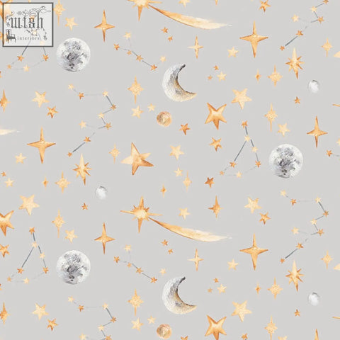 Delicate watercolor constellation wallpaper with glowing gold stars and silver moons on soft gray night sky background