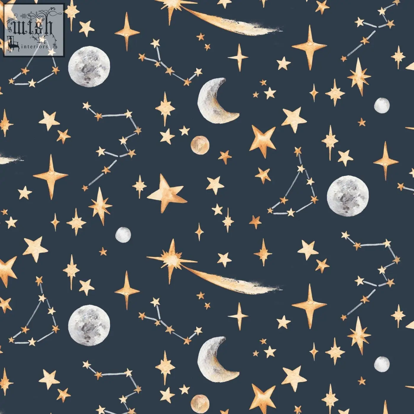 A navy blue fabric with a watercolor-style pattern of glowing stars moons and constellations perfect for night sky decor