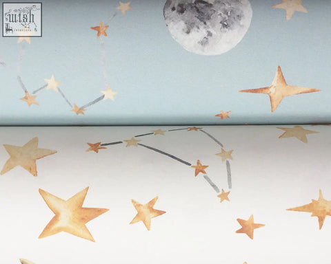 Soft blue and white constellation wallpaper with watercolor moon and glowing stars for a celestial night sky vibe