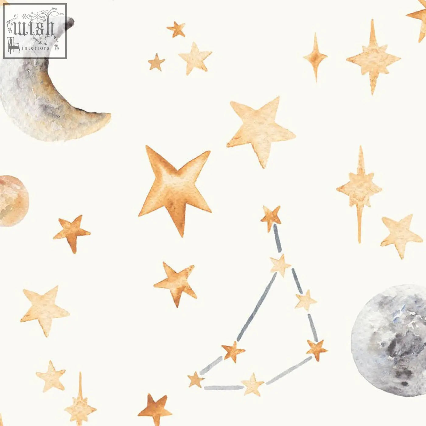Watercolour stars and constellation wallpaper featuring silver crescent moon gray full moon and glowing golden stars on night sky