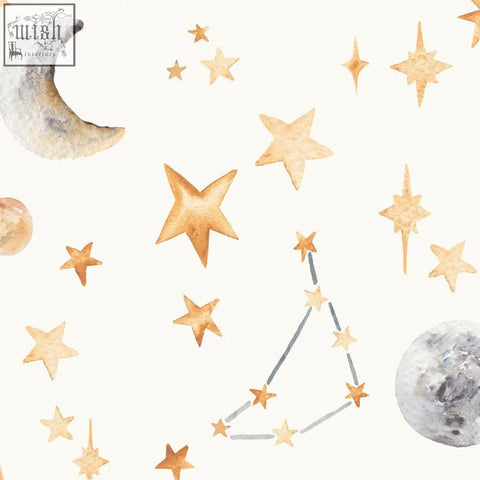 Watercolour stars and constellation wallpaper featuring silver crescent moon gray full moon and glowing golden stars on night sky
