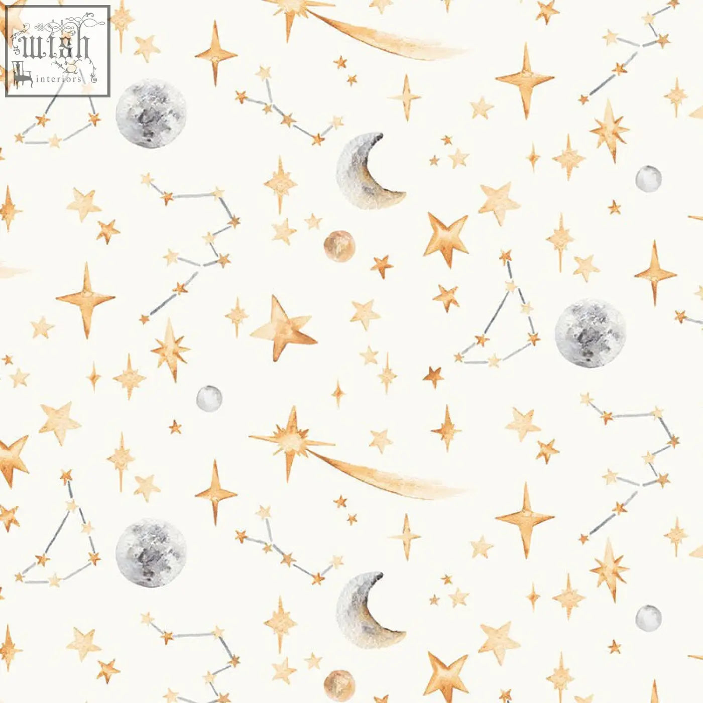 A delicate watercolour stars and constellation wallpaper with glowing stars and silver moons on a cream night sky background