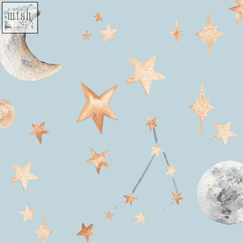 Watercolour stars and constellation wallpaper with glowing stars crescent and full moon on light blue night sky background