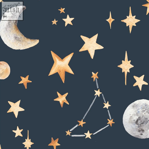 Watercolour stars and constellation wallpaper with glowing stars and crescent moons on a dark navy night sky background
