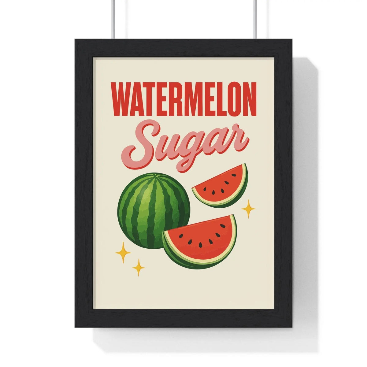 Black-framed harry styles poster with vintage watermelon illustration and bold watermelon sugar text on off-white background