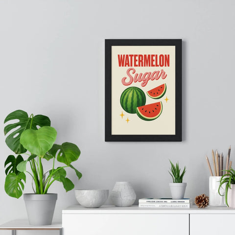 Black-framed harry styles poster featuring vintage watermelon illustration with red watermelon sugar text on off-white background
