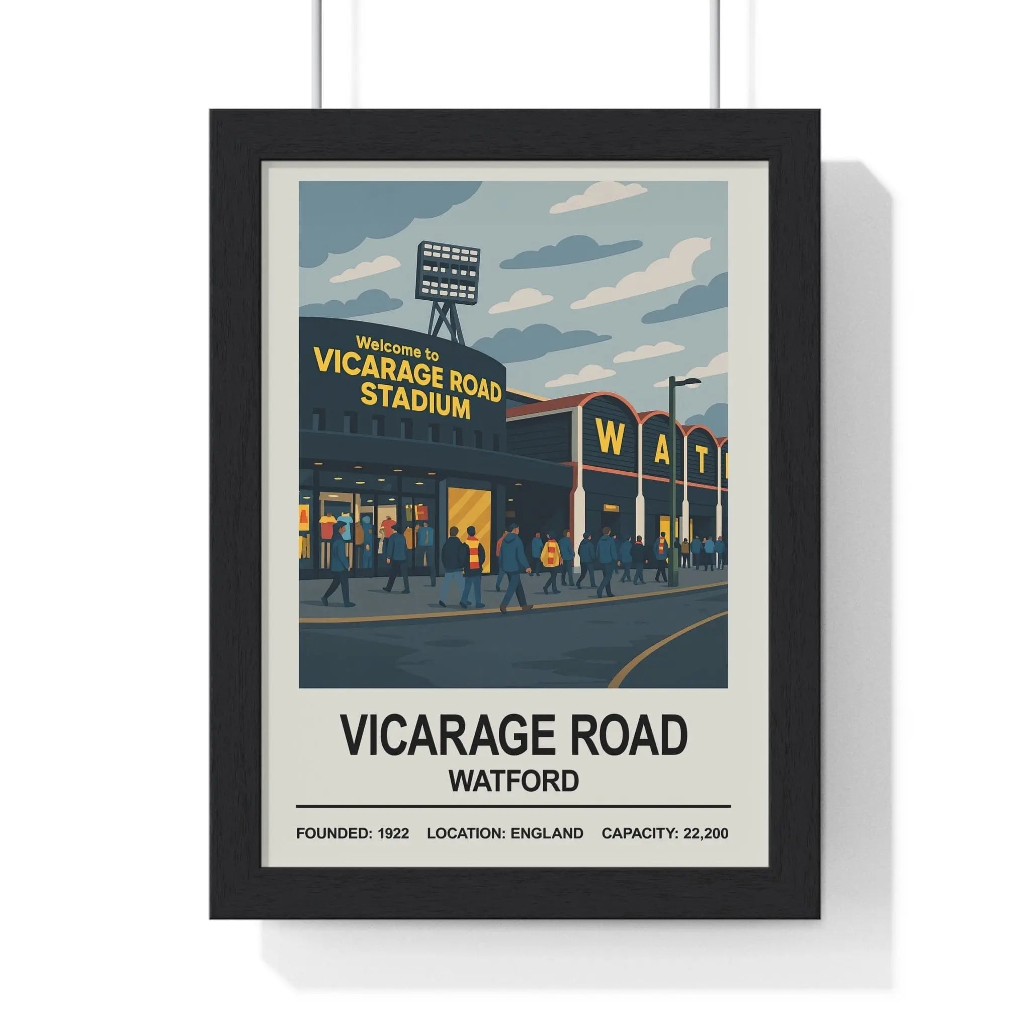 Black-framed vintage-style poster print of vicarage road stadium depicting watford vicarage road in england