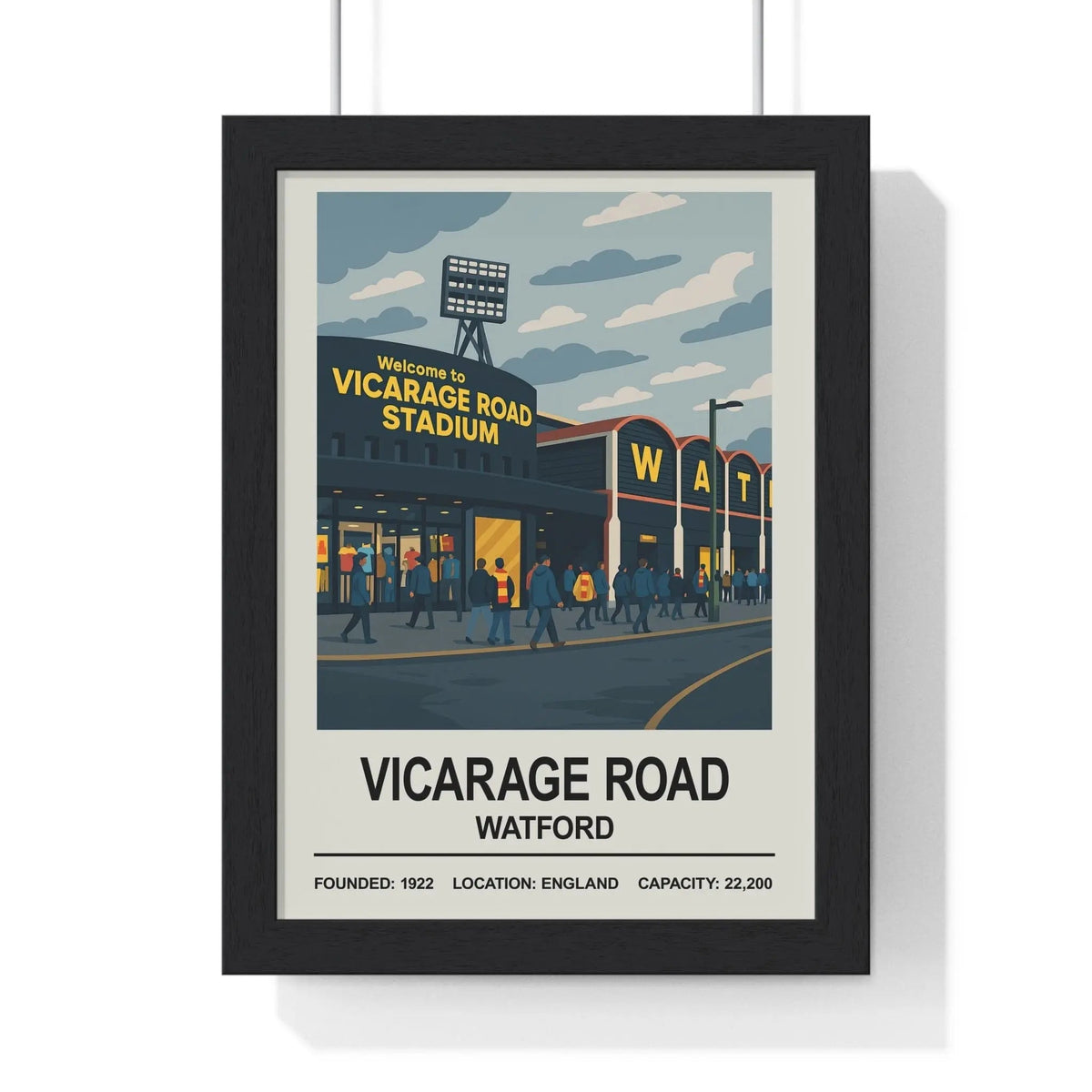 Black-framed vintage-style poster print of vicarage road stadium depicting watford vicarage road in england