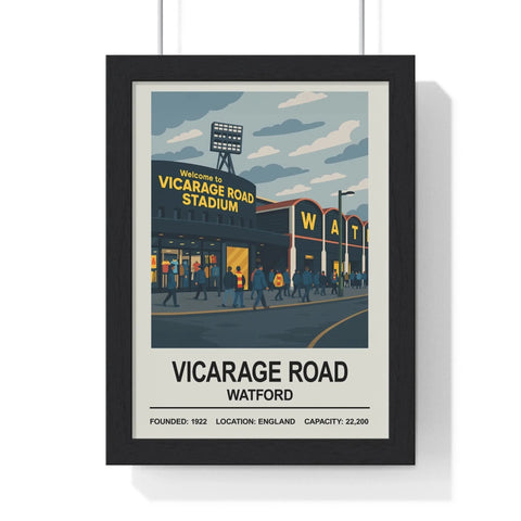 Black-framed vintage-style poster print of vicarage road stadium depicting watford vicarage road in england