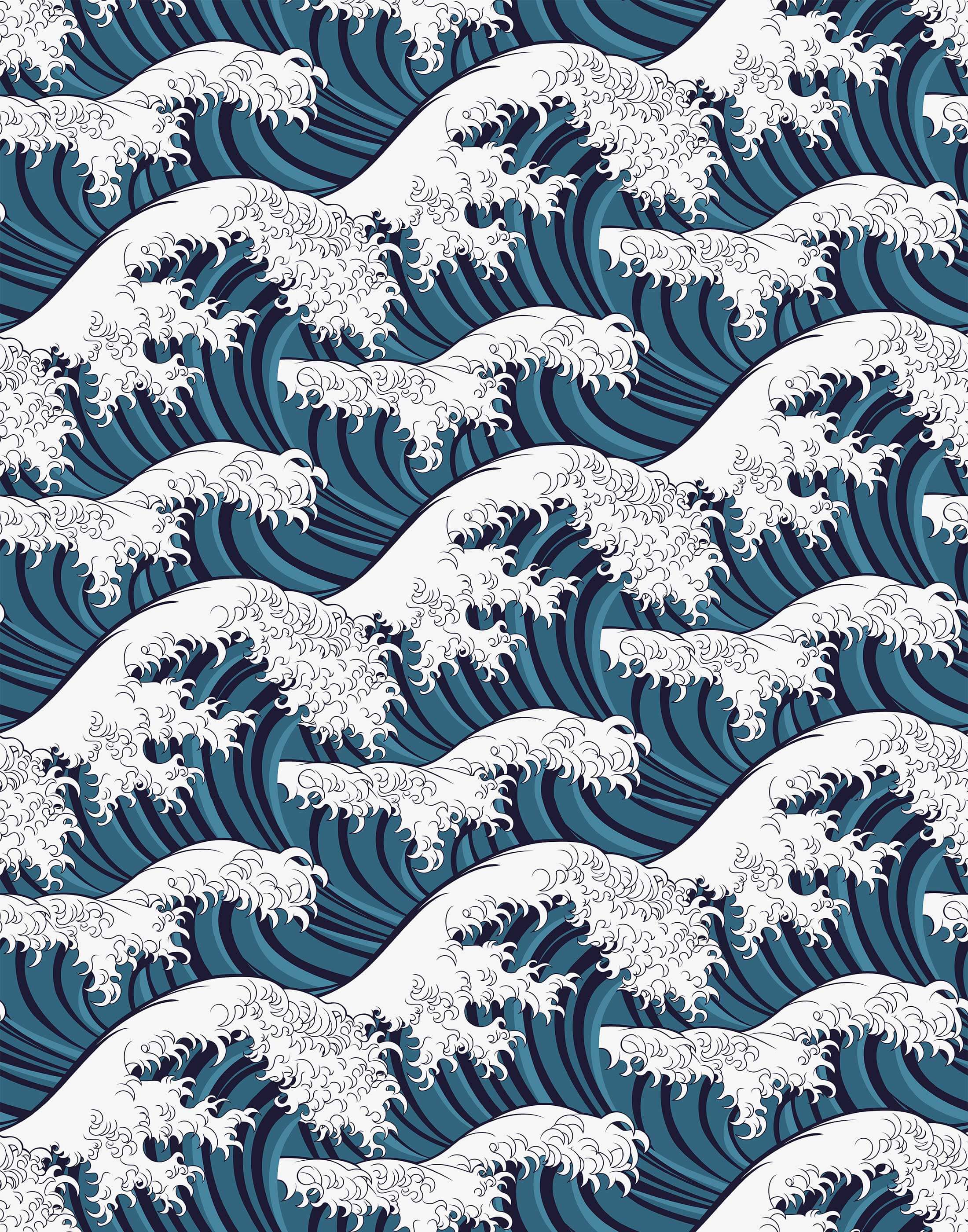 Wave wallpaper featuring deep blue and white japanese wave pattern in a repeating design for stylish walls
