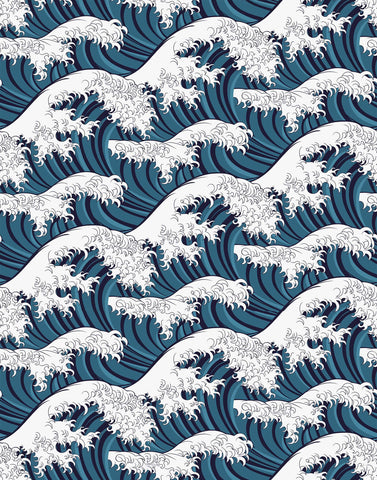 Wave wallpaper featuring deep blue and white japanese wave pattern in a repeating design for stylish walls