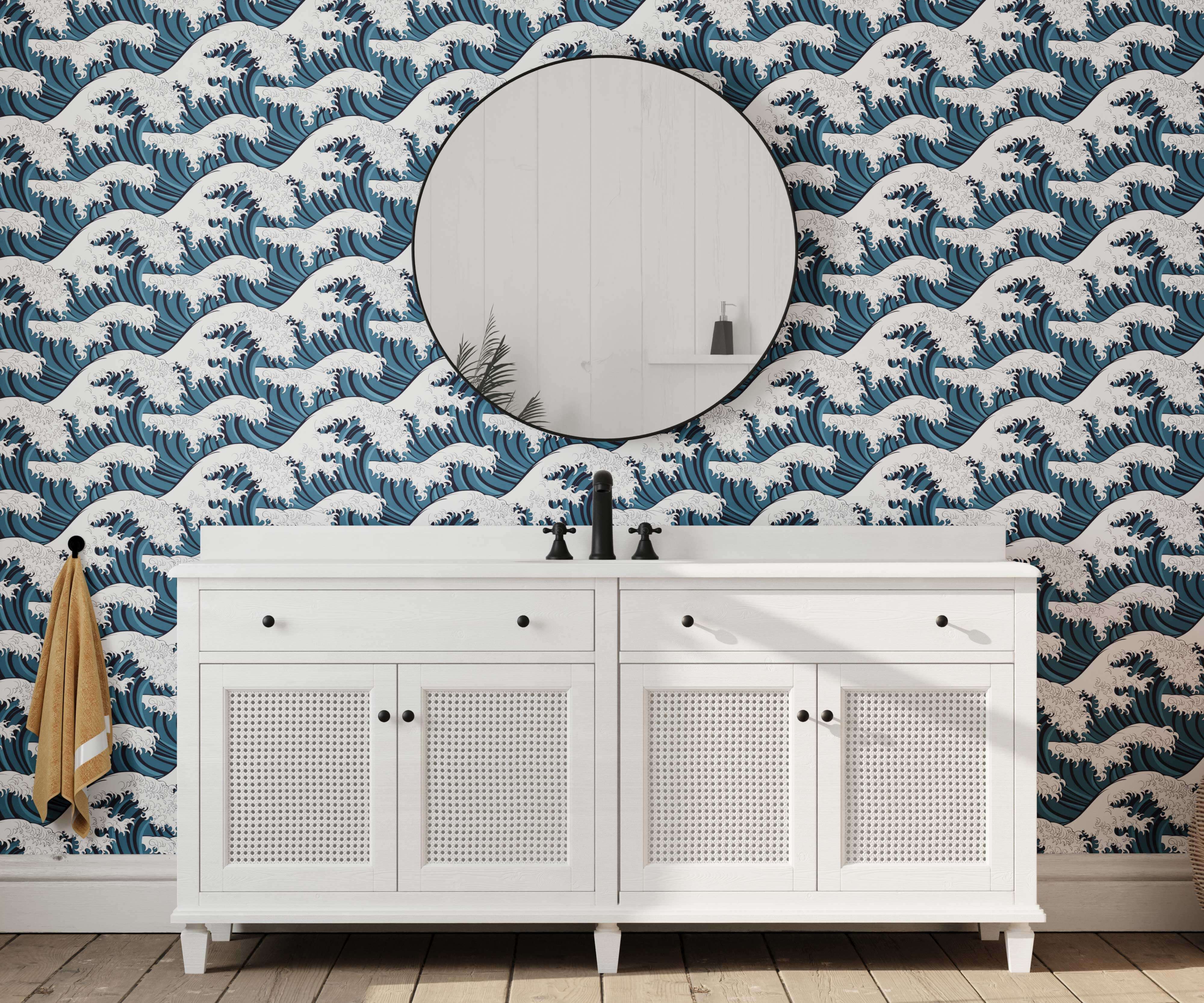 White wave vanity with cane panel doors and black hardware inspired by japanese wave wallpaper design