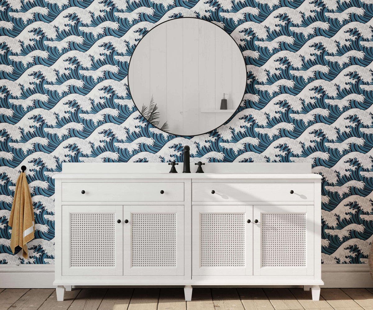 White wave vanity with cane panel doors and black hardware inspired by japanese wave wallpaper design