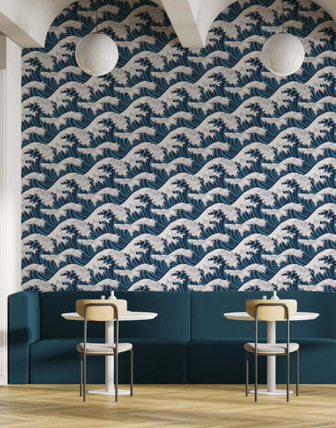 Deep blue and white wave wallpaper with embossed textured design perfect for japanese wave decor and walls
