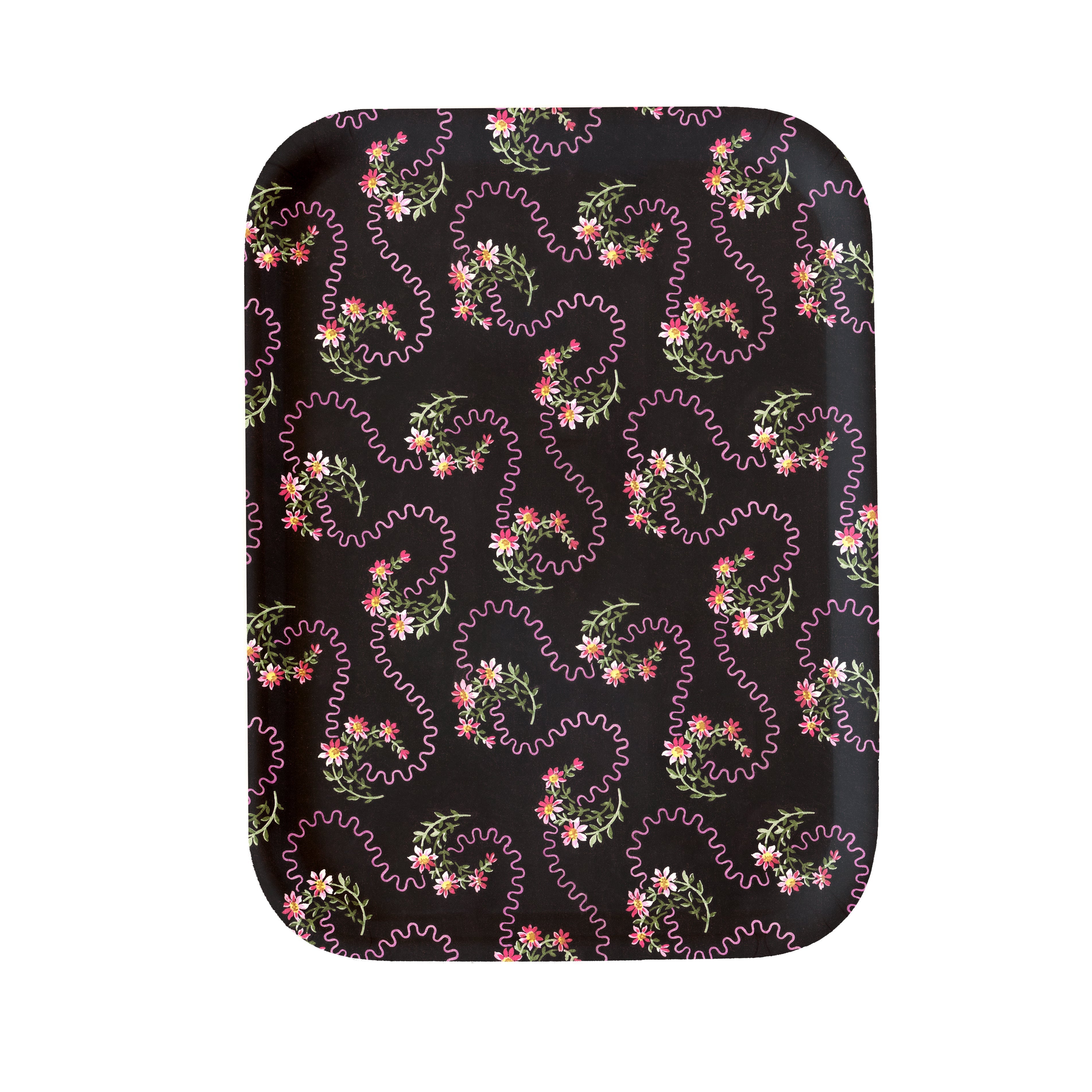 Black rectangular waves of love tray with rounded corners and pink green floral pattern on a dark background