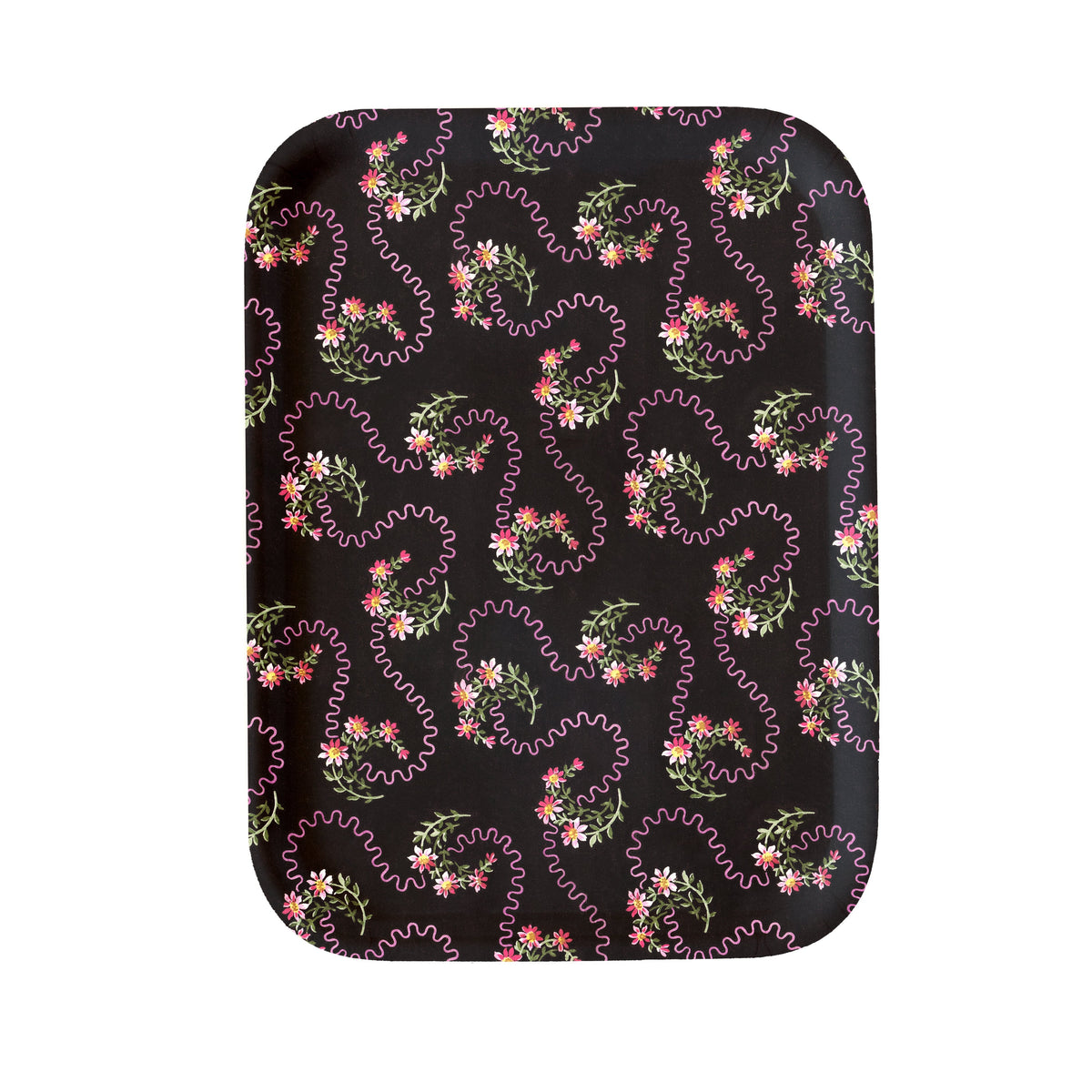Black rectangular waves of love tray with rounded corners and pink green floral pattern on a dark background