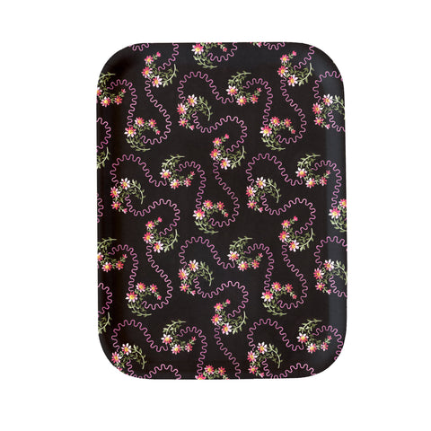 Black rectangular waves of love tray with rounded corners and pink green floral pattern on a dark background