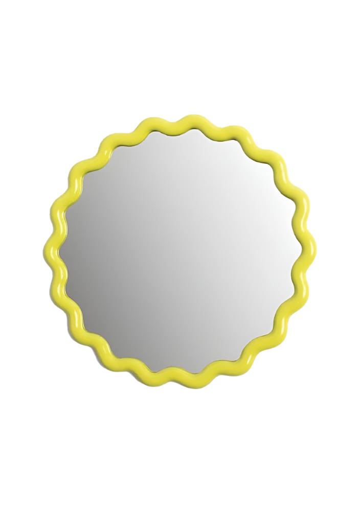 Bright yellow wavey round mirror with scalloped edges and a glossy finish for stylish wall decor
