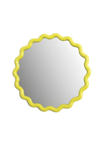 Bright yellow wavey round mirror with scalloped edges and a glossy finish for stylish wall decor