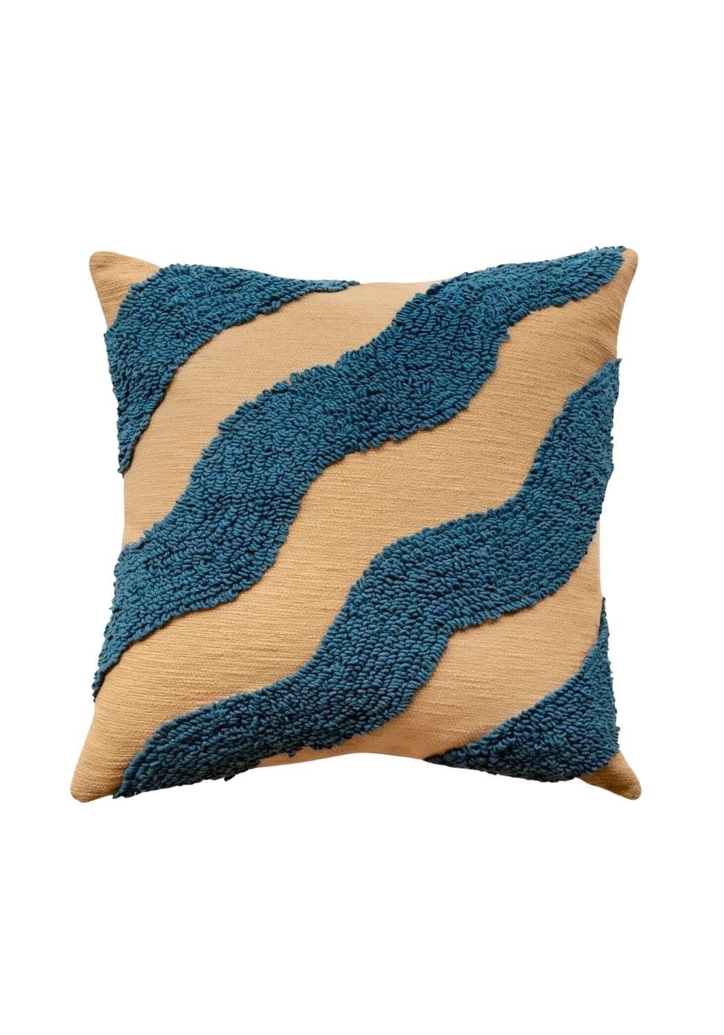 Square cushion cover with textured teal and tan wavy stripes perfect for adding color and comfort to your space