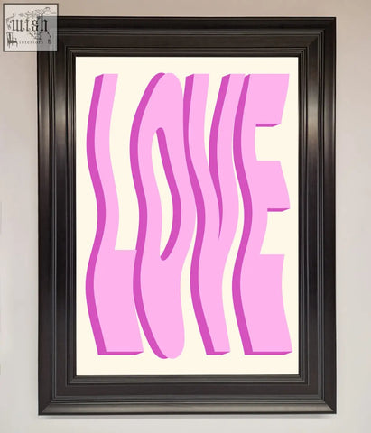Pink framed poster featuring wavy love pink 3d style art print in a sleek black frame perfect for home decor