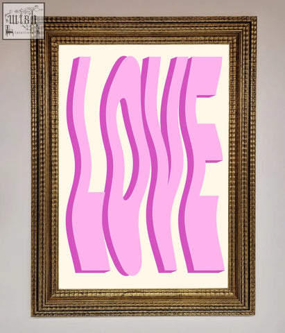 Pink framed poster featuring wavy love pink lettering art print in a gold ornate frame for wall decor
