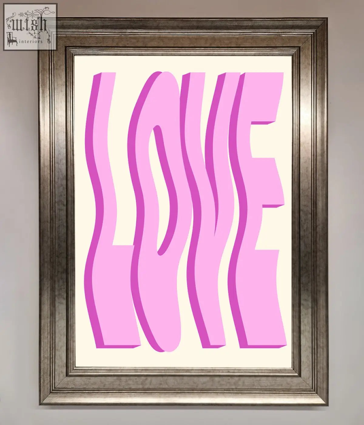 Wavy love pink framed poster featuring pink wavy love lettering art in a silver toned frame perfect for wall decor