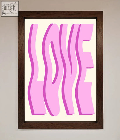 A wavy love pink framed poster with bold wavy pink letters on cream background perfect for wall decor