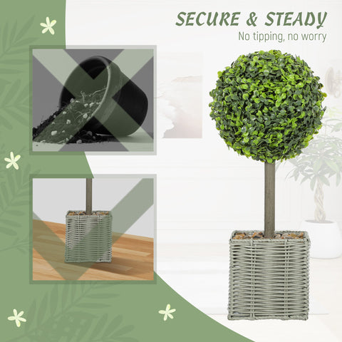 HOMCOM Set of 2 Decorative Artificial Plants, 50cm Faux Boxwood Topiary Balls with Woven Plastic Pot and Pebbles, Fake Plants for Home or Office Decor, Green