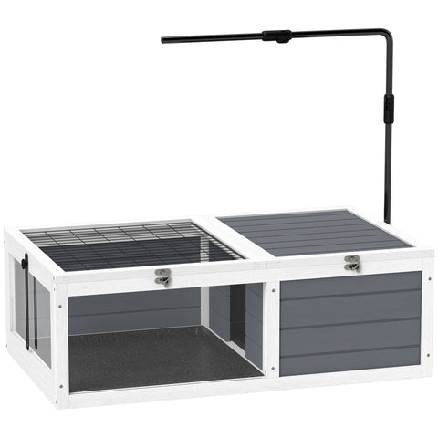 PawHut Tortoise Table with Adjustable Lamp Holder, Wooden Tortoise House w/ Openable Lids, Pull-Out Trays - Grey