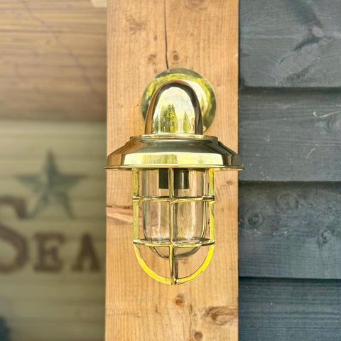 Wells solid brass wall light with clear glass cage and metal grid perfect for bathroom wall light or outdoor use