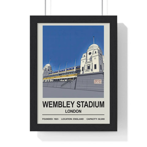 Black-framed wembley stadium print featuring stylized twin towers illustration with vintage design elements