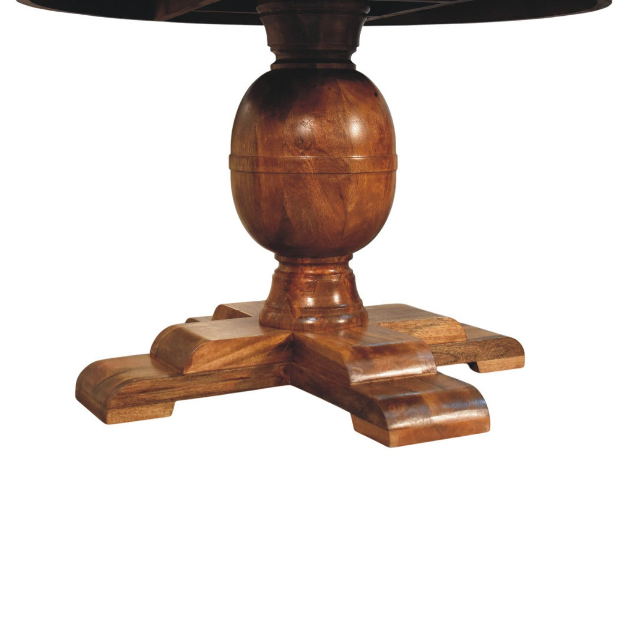 Wentworth round dining table base in rich warm-toned polished wood with elegant cross-shaped foot design