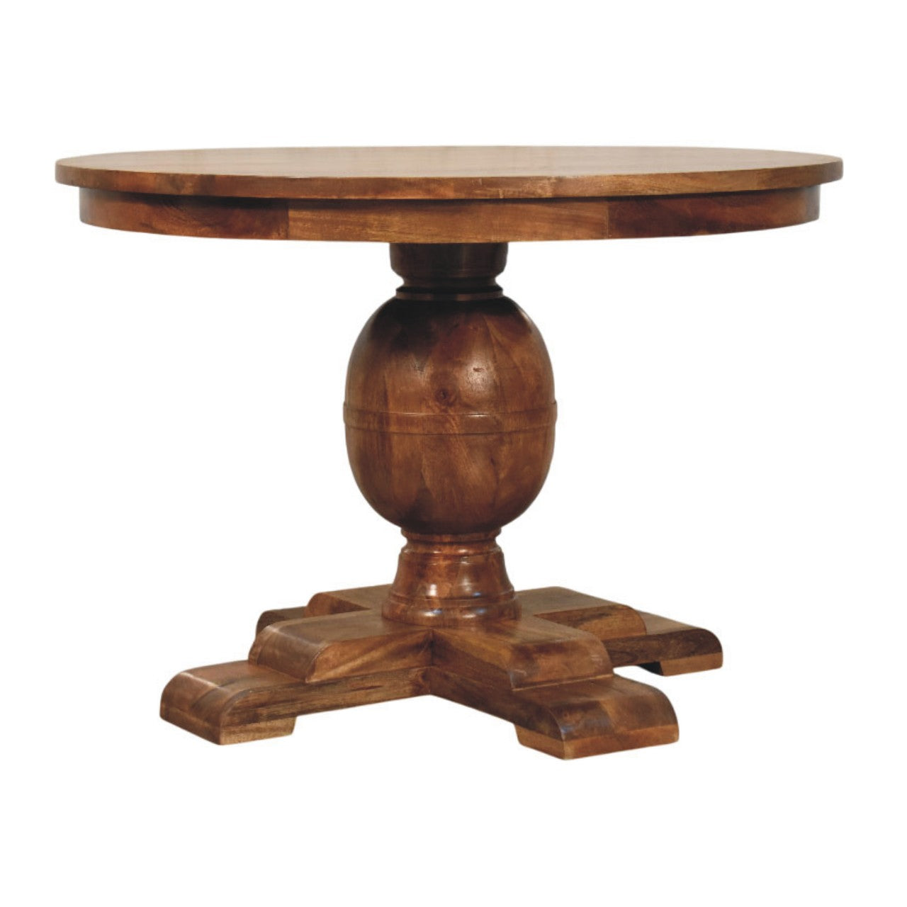 Wentworth round dining table with warm brown wooden finish and ornate carved pedestal base