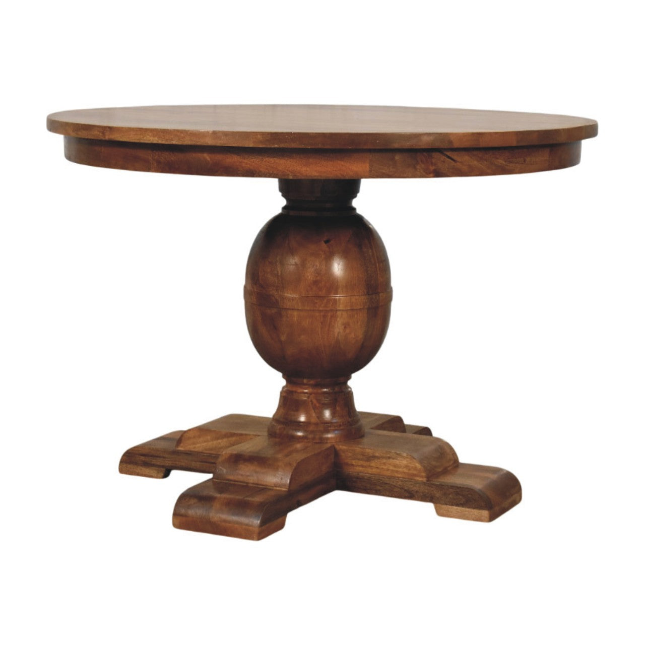 Wentworth round dining table with warm brown wooden top and ornate carved pedestal base for stylish dining rooms