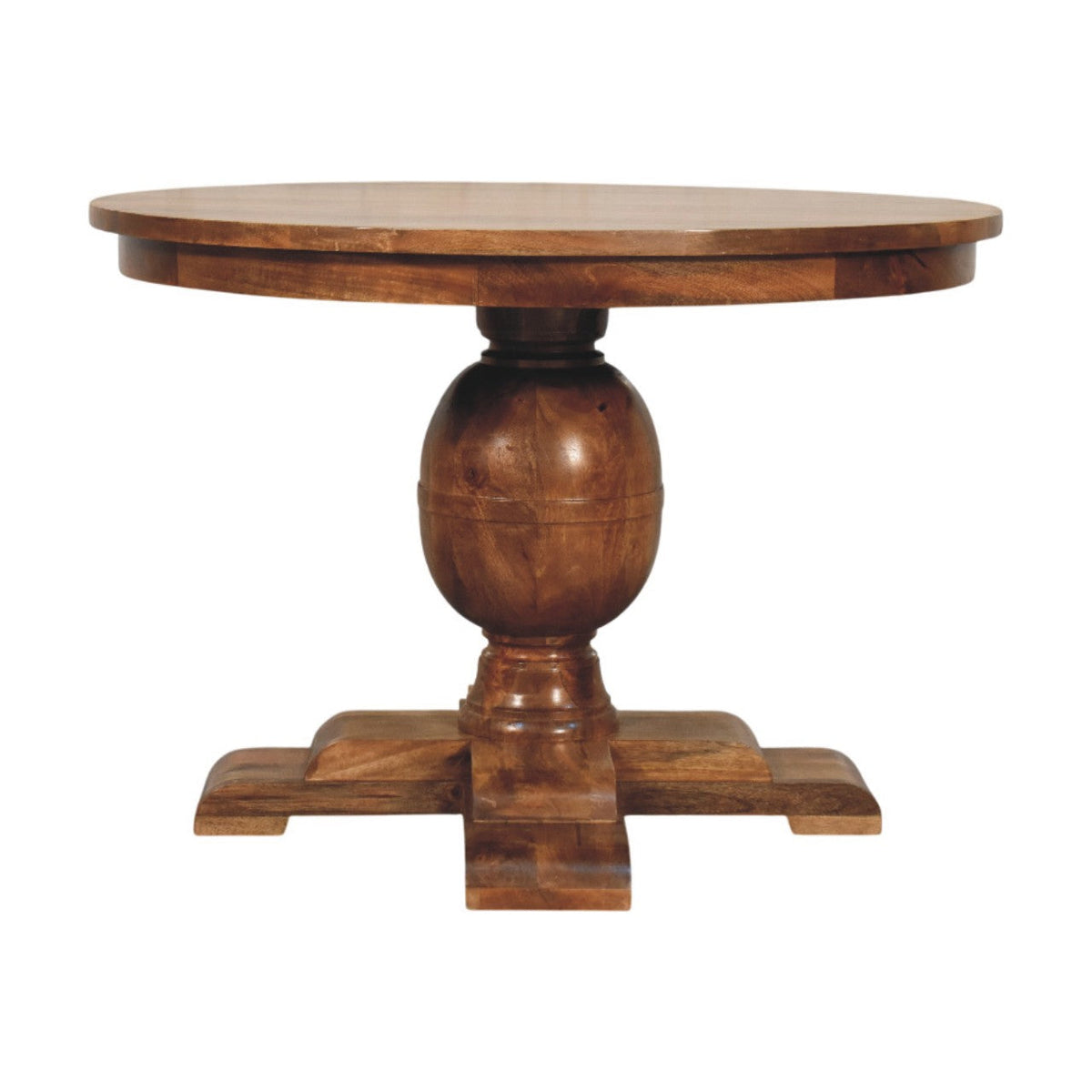 Wentworth round dining table with warm brown wooden top and ornate carved pedestal base