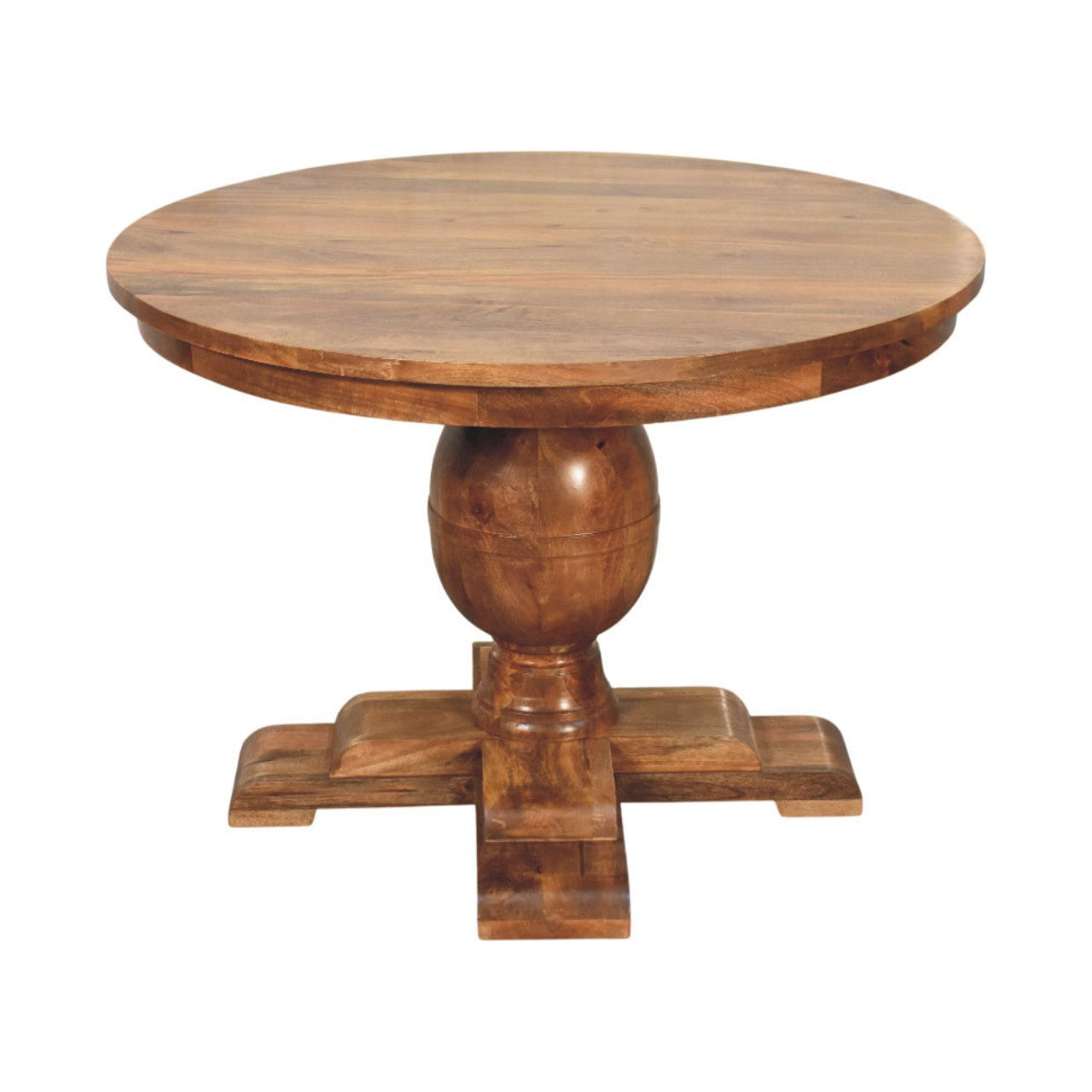 Wentworth round dining table with warm medium brown finish and classic wooden pedestal base