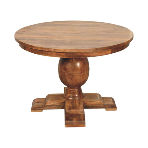 Wentworth round dining table with warm medium brown finish and classic wooden pedestal base