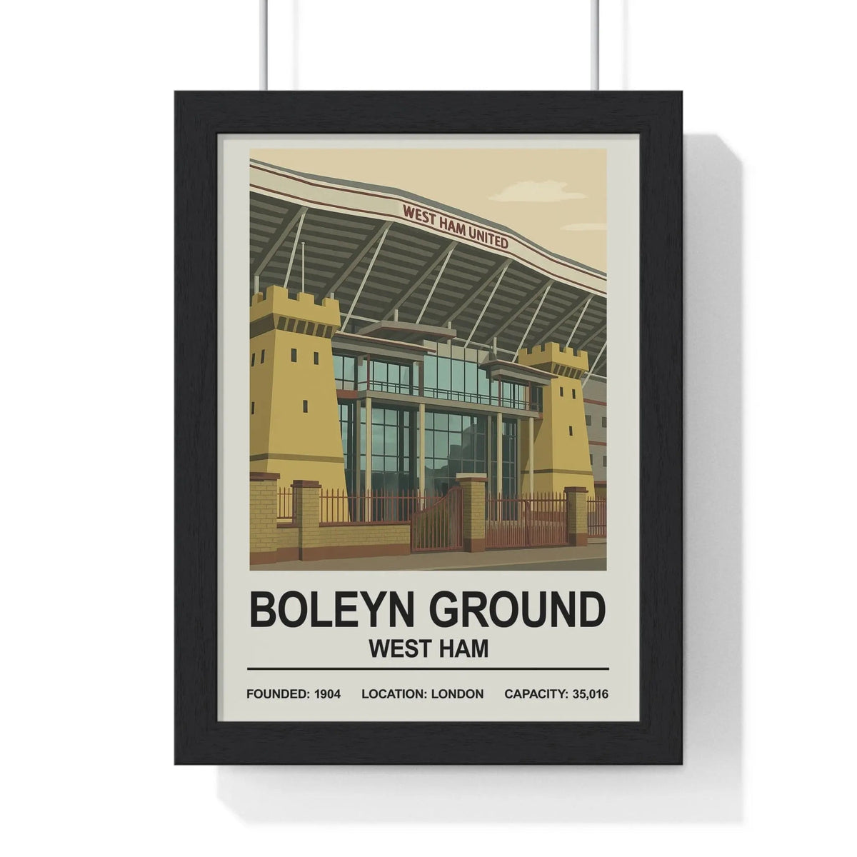 Black-framed west ham stadium print featuring vintage boleyn ground illustration in beige and yellow tones