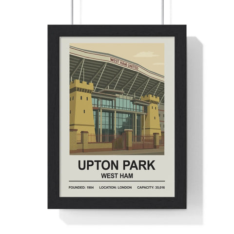 Black-framed west ham stadium print featuring vintage upton park illustration with yellow towers and beige sky