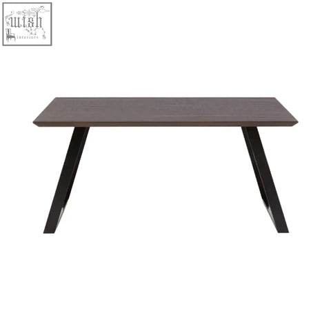 Modern style westford dining table with dark wood top and black metal legs in a 6 chairs set